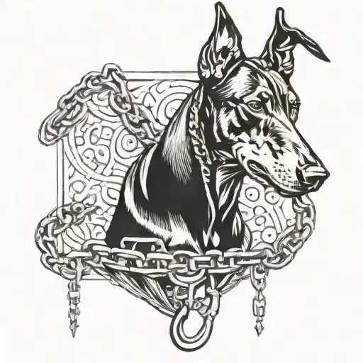Doberman with chains and zippers tattoo design idea