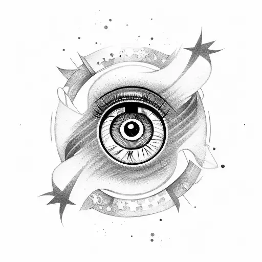 cartoon eye with swirls and stars tattoo design idea