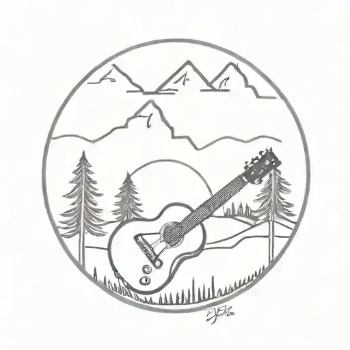 music, guitar, engineering and outdoors mountains trees tattoo design idea