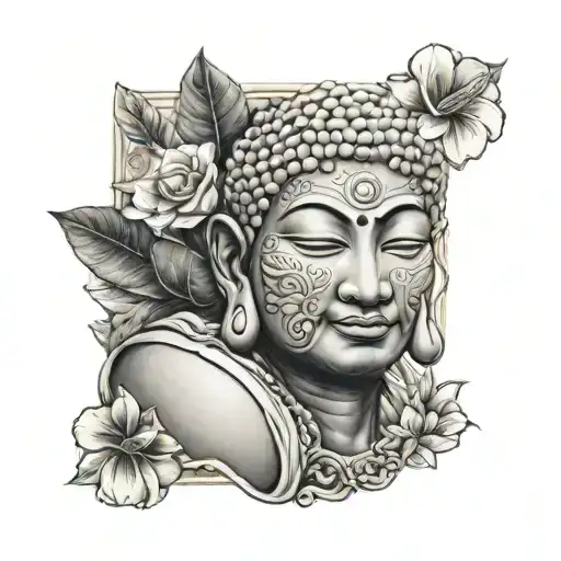 bhudda holding 2 cards with frangipanis tattoo design idea