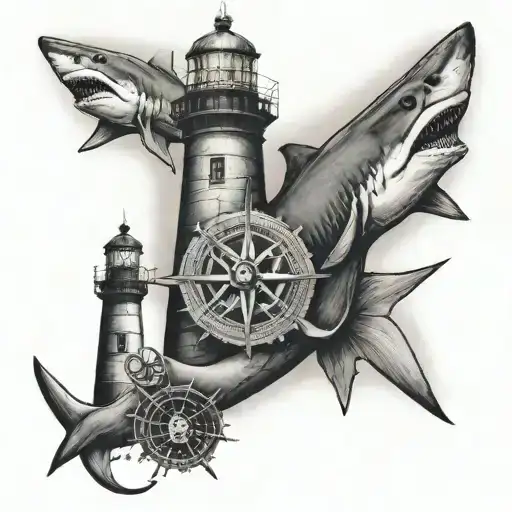 shark, anchor, compass, lighthouse standing tall tattoo design idea