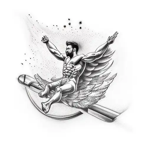 tattoo of icarus falling upside down from the sky  and he is crying  tattoo design idea