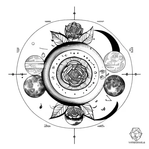  vertical Moon phases with plants and music tattoo design idea