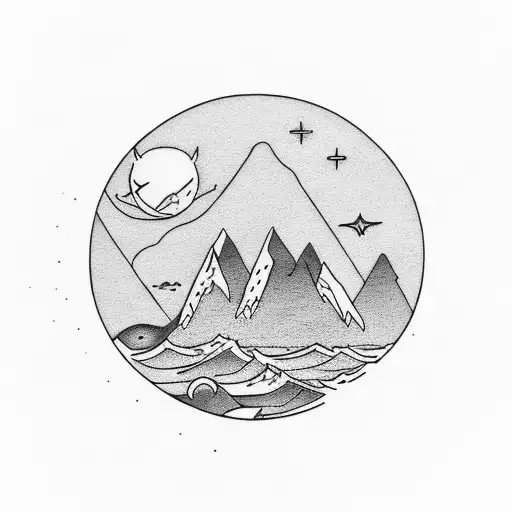 Mountain and sea referring the nature with sun and moon tattoo design idea