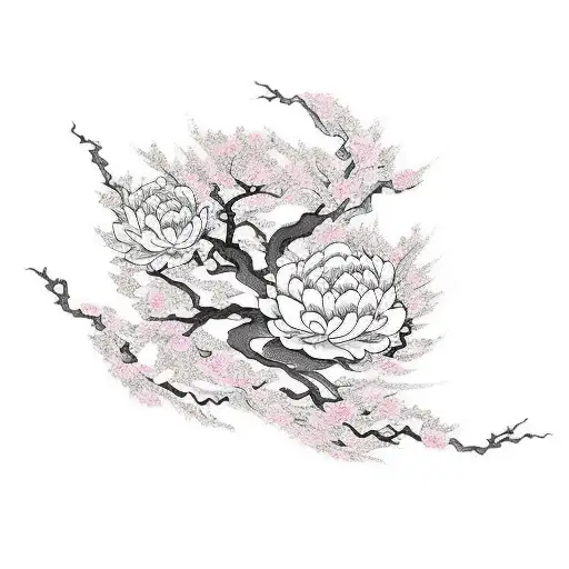 Phoenix sleeve with peony and cherry blossom tree tattoo design idea