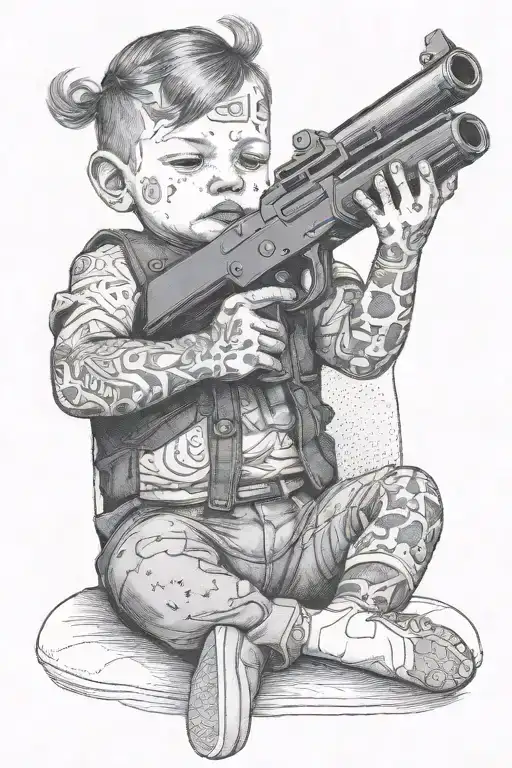 A three-year-old boy with a full body full of terrible tattoos, sitting on the sofa and holding a gun tattoo design idea