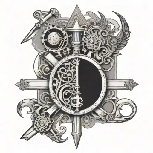 Intricate tattoo featuring a designer's tools intertwined with biblical imagery tattoo design idea