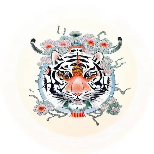 ancient Chinese with flowers and tigers circle tattoo design idea