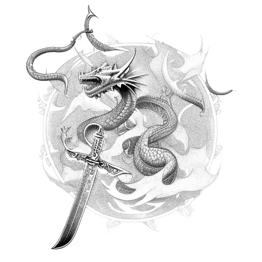Sword with 2 Dragons around the blade tattoo design idea