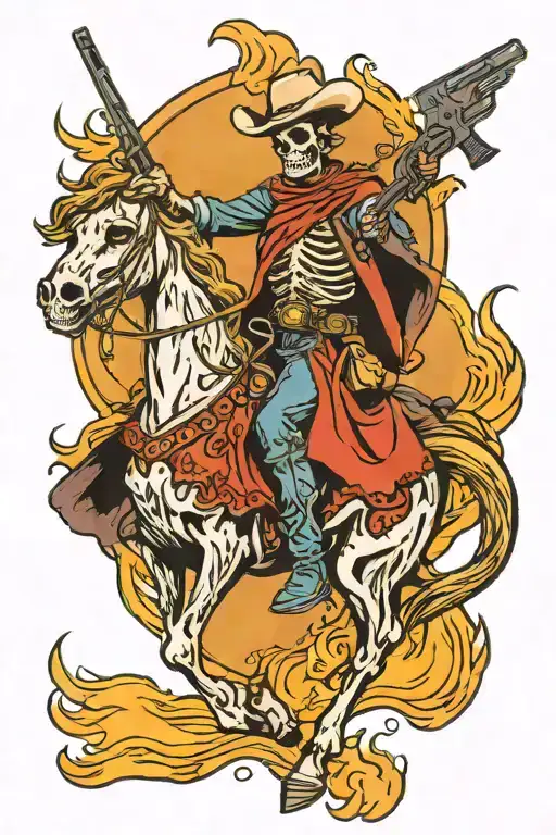 skeleton cowboy wearing a poncho, holding a revolver, with a carbine repeater on back, while riding a flaming horse tattoo design idea