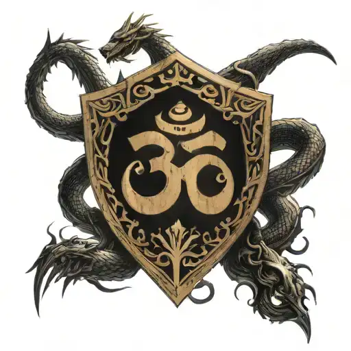 om symbol in a shield , sword piercing through, wooden snakes and dragons and the universe tattoo design idea