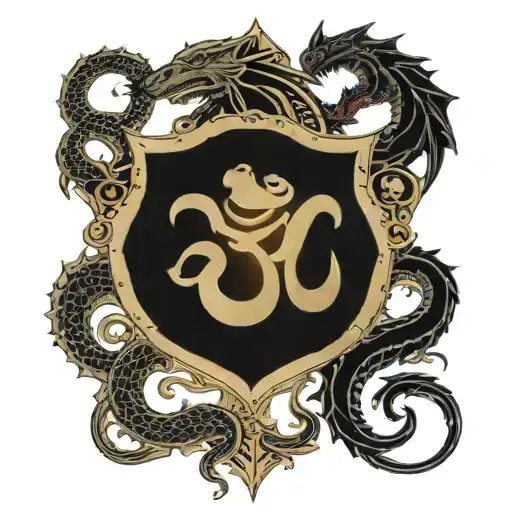 om symbol in a shield , sword piercing through, wooden snakes and dragons and the universe tattoo design idea