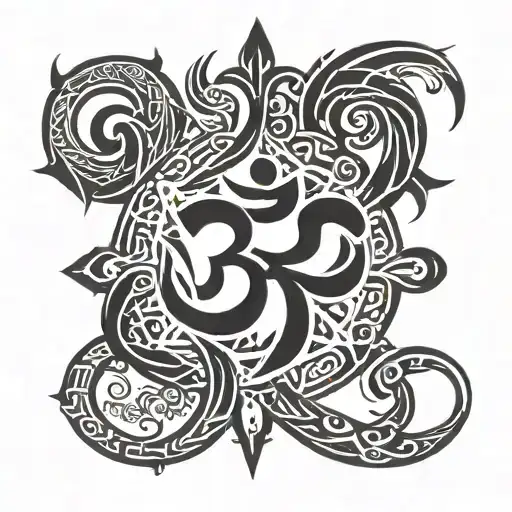 om symbol, sword piercing,  Surround this with snakes, scythes, dragons, positive mythical angels,positive protection  tattoo design idea