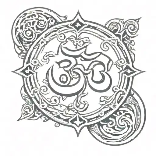 om symbol, sword piercing,  Surround this with snakes, scythes, dragons, positive mythical angels,positive protection  tattoo design idea