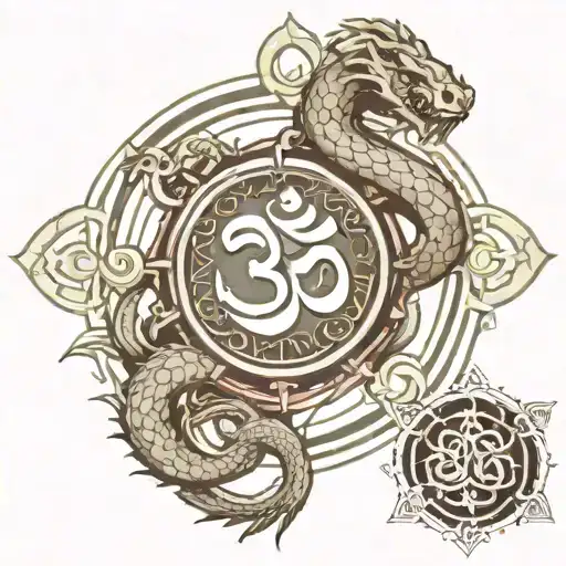 om symbol surrounded by metal armour goth lines wisdom universe snakes and dragons  tattoo design idea