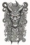 devil holding om symbol surrounded tattoo design idea