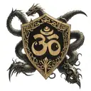 om symbol in a shield , sword piercing through, wooden snakes and dragons and the universe tattoo design idea