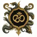 om symbol in a shield , sword piercing through, wooden snakes and dragons and the universe tattoo design idea