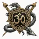 om symbol in a shield , sword piercing through, wooden snakes and dragons and the universe tattoo design idea