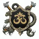 om symbol in a shield , sword piercing through, wooden snakes and dragons and the universe tattoo design idea