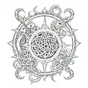 om symbol surrounding by swords snakes dragons tattoo design idea