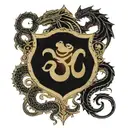 om symbol in a shield , sword piercing through, wooden snakes and dragons and the universe tattoo design idea