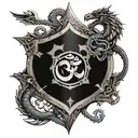 om symbol in a shield , sword piercing through, wooden snakes and dragons and the universe tattoo design idea