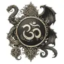 om symbol in a shield , sword piercing through, wooden snakes and dragons and the universe tattoo design idea