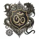 om symbol in a shield , sword piercing through, wooden snakes and dragons and the universe tattoo design idea