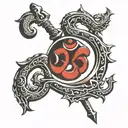 om symbol, sword piercing,  Surround this with snakes, scythes, dragons, positive mythical angels,positive protection  tattoo design idea