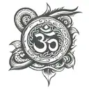 om symbol, sword piercing,  Surround this with snakes, scythes, dragons, positive mythical angels,positive protection  tattoo design idea