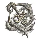 om symbol, sword piercing,  Surround this with snakes, scythes, dragons, positive mythical angels,positive protection  tattoo design idea