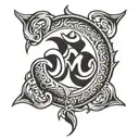 om symbol, sword piercing,  Surround this with snakes, scythes, dragons, positive mythical angels,positive protection  tattoo design idea