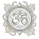 om symbol, sword piercing,  Surround this with snakes, scythes, dragons, positive mythical angels,positive protection  tattoo design idea