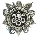 om symbol in a shield , sword piercing through, wooden snakes and dragons and the universe tattoo design idea