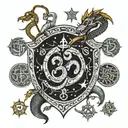 om symbol in a shield , sword piercing through, wooden snakes and dragons and the universe tattoo design idea