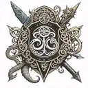 om symbol in a shield , sword piercing through, wooden snakes and dragons and the universe tattoo design idea