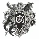 om symbol in a shield , sword piercing through, wooden snakes and dragons and the universe tattoo design idea