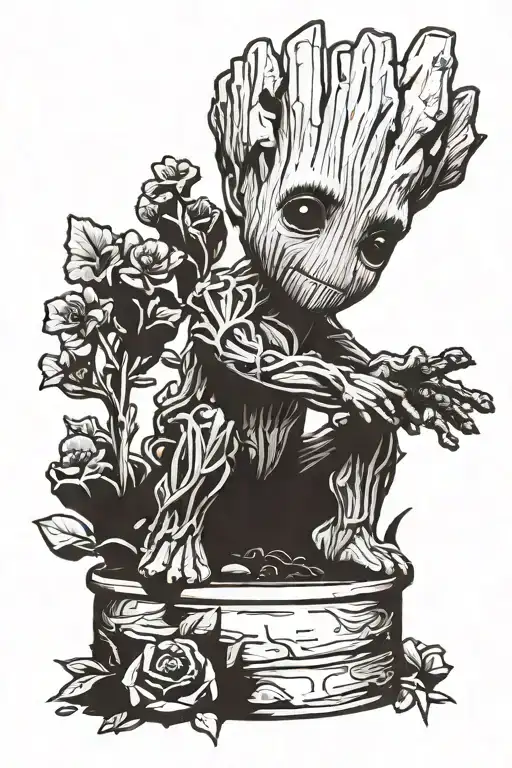 baby groot with m4  with name and death date    tattoo design idea