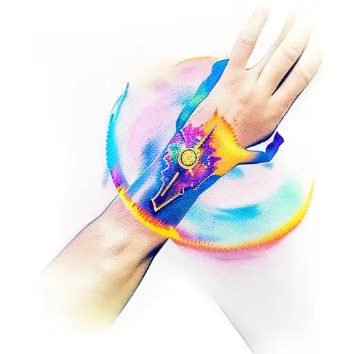 black line flames around the wrist with watercolor style tattoo background with gradient from yellow orange red purple t tattoo design idea