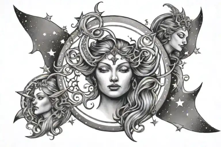 triple goddess moon surrounded by stars tattoo design idea