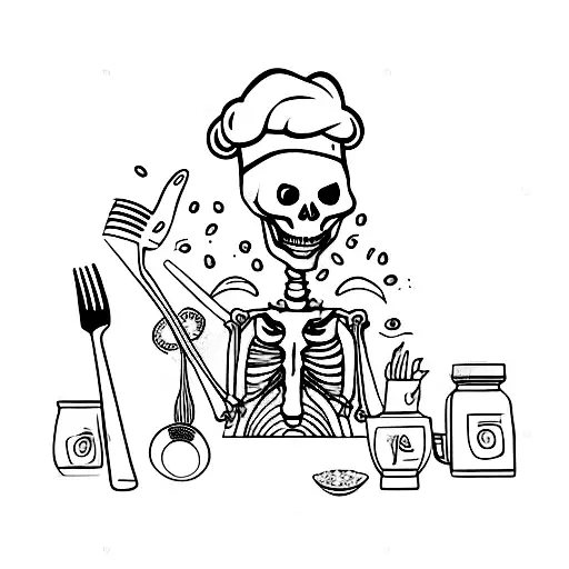 funny chef skeleton preparing food tattoo design idea