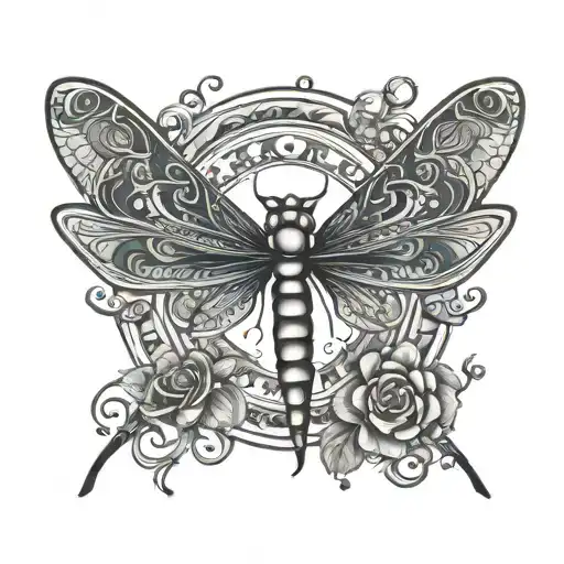 A new-school tattoo design featuring a dragonfly flying towards a full moon with a mandala pattern in the background tattoo design idea