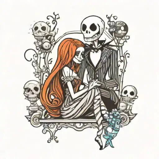 Jack skellington sitting behind Sally holding her while she sews herself   tattoo design idea
