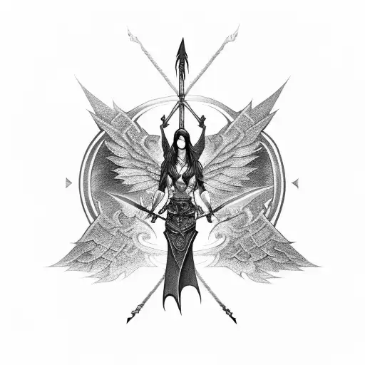 Female warrior with dragon wings and a flaming sword tattoo design idea