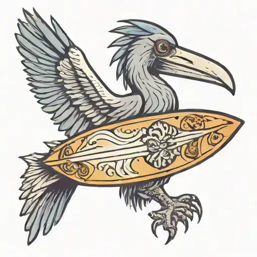 shoebill stork holding surf board under wing tattoo design idea