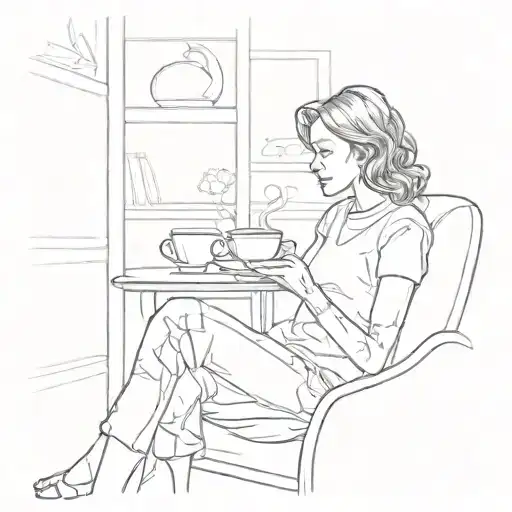 A sketch of a mother enjoying a quiet moment with a cup of coffee in her favorite room at home tattoo design idea
