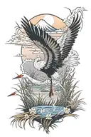 Japanese tattoo style, a Japanese crane in the middle of tall grass in a pond, with Mount Fuji in the background tattoo design idea