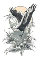 Japanese tattoo style, a Japanese crane in the middle of tall grass in a pond, with Mount Fuji in the background tattoo design idea