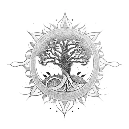 Rainbow serpent, a boabab tree in front of the Sun. The previous sentence represents peace, power, purpose tattoo design idea